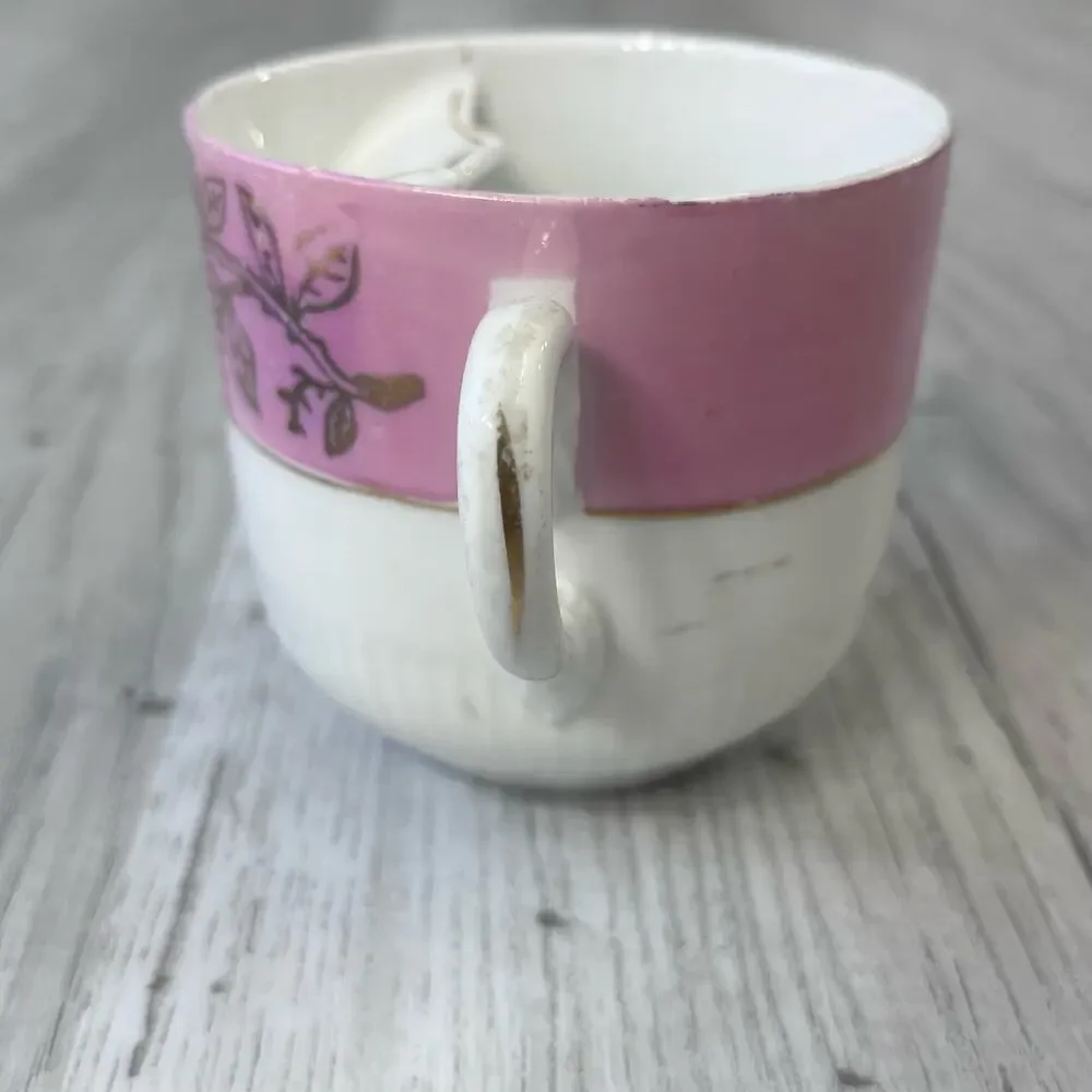 Vintage White Pink Floral Accent Gold Trim Mustache Guard Mug Cup Decor